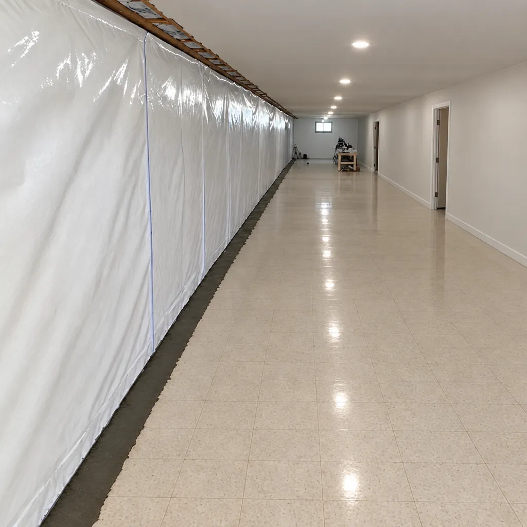 Illustration of a finished basement hallway with a white waterproof liner on one wall, a basement waterproofing example in Columbia, SC