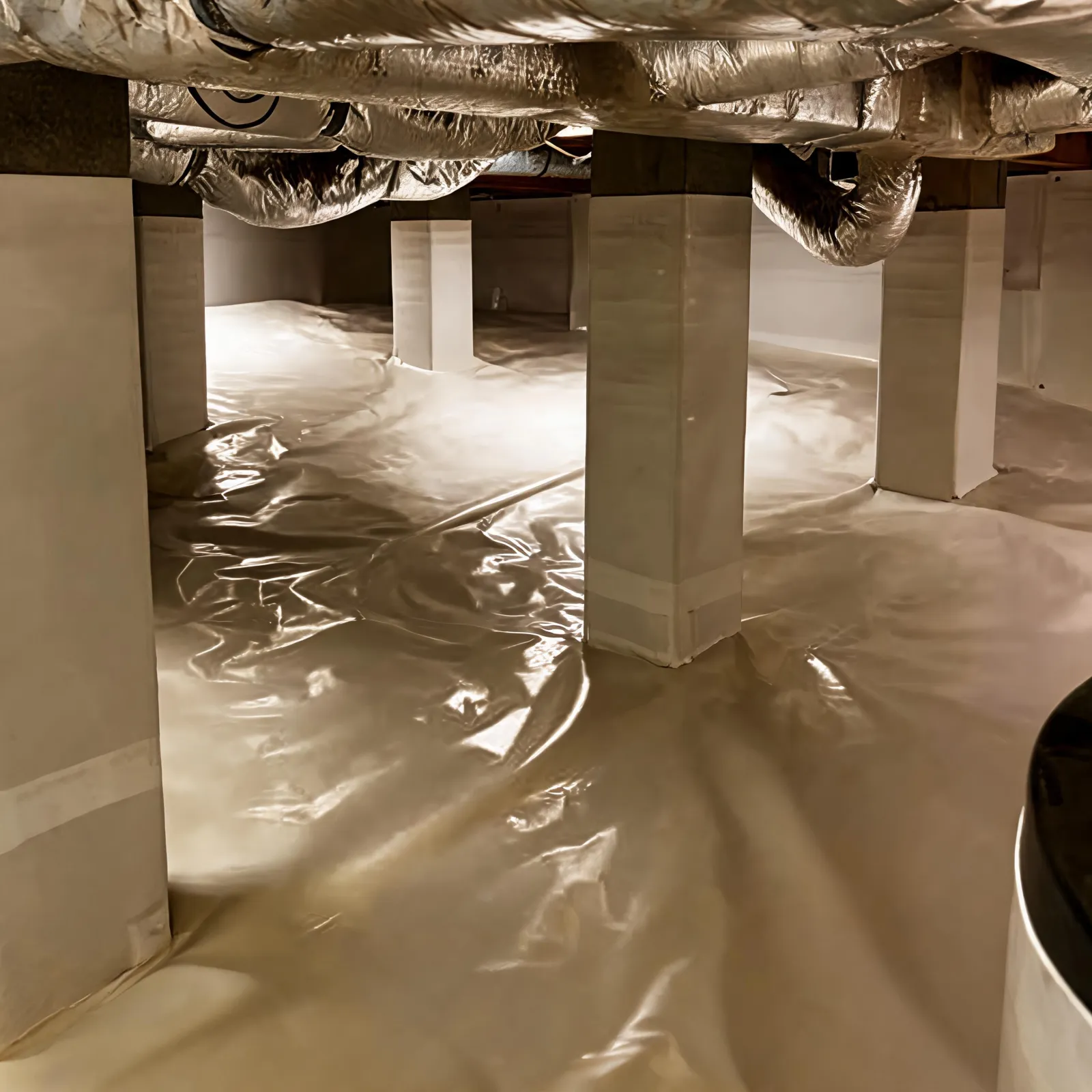 Illustration of an encapsulated crawl space with a white vapor barrier on the floor and wrapped columns, crawl space encapsulation in Columbia, SC