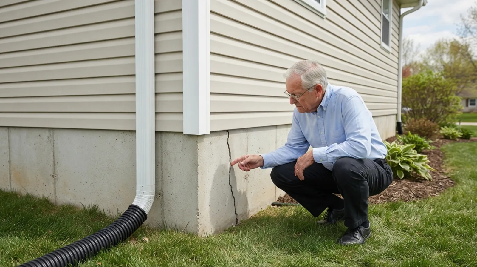 Illustration of a person pointing at a vertical crack in a concrete foundation next to a downspout, foundation inspection in Columbia, SC