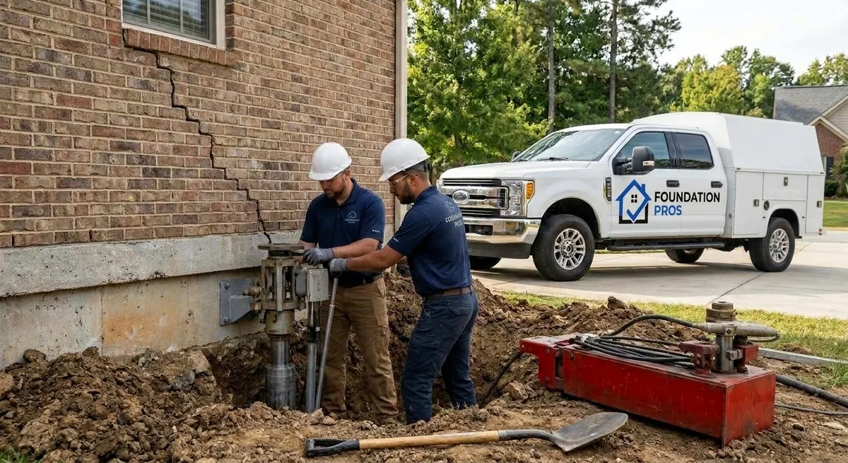 Illustration of a steel pier being installed beside a cracked brick foundation wall, foundation repair in Columbia, SC